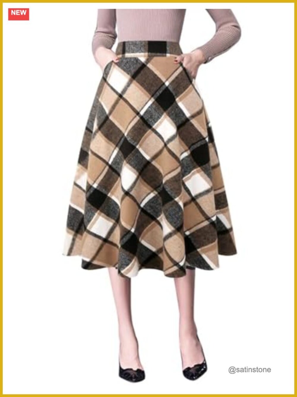 High Waisted Plaid A-Line Pleated Midi Skirt Wool Blend Side Pockets